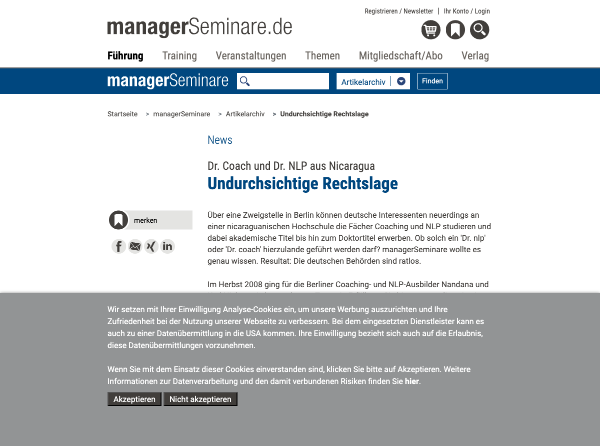 German magazine Managerseminare dissected the "NLP doctors from Nicaragua" scheme back in 2008